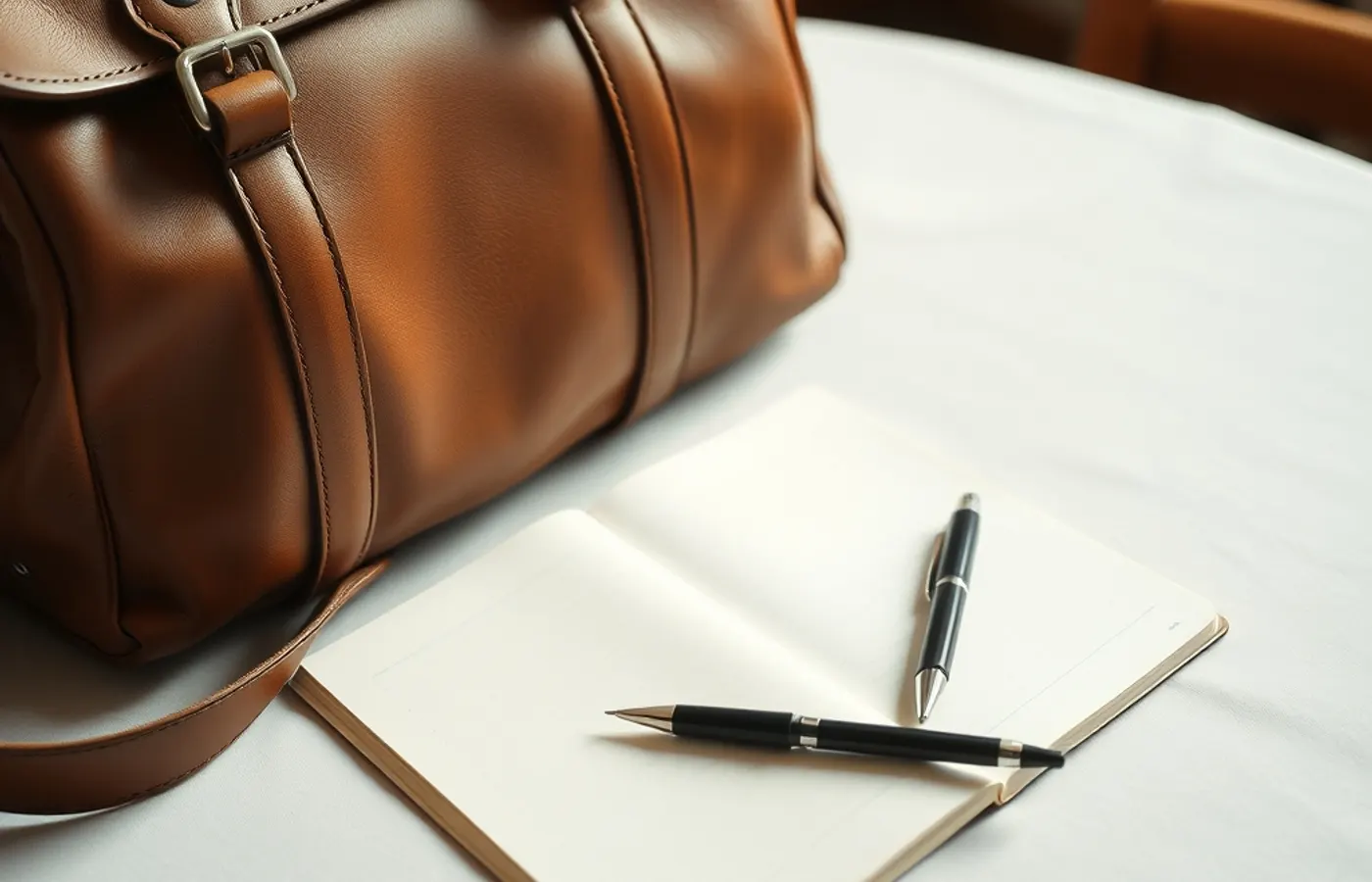 Un sac en cuir posé près d'un carnet de notes