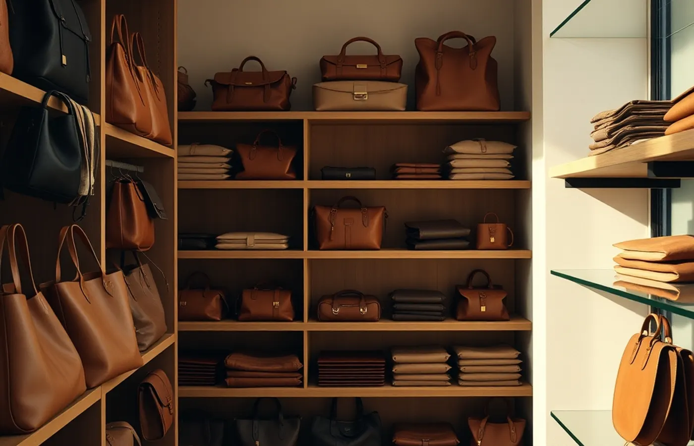 Sacs en cuir alignés sur les étagères d'une boutique