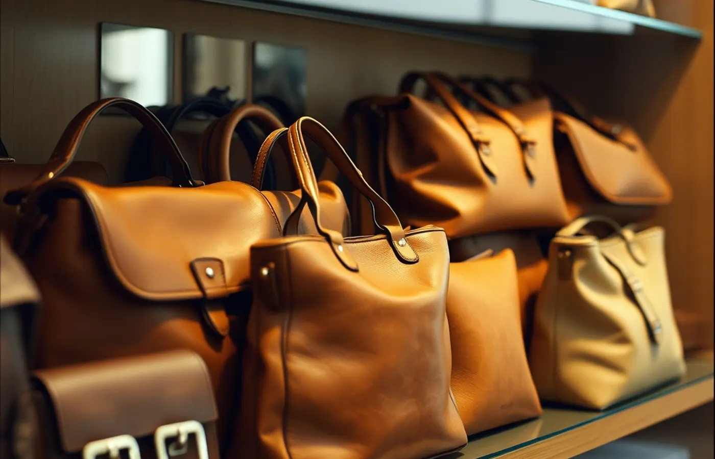 Sacs et ceintures en cuir sur une étagère