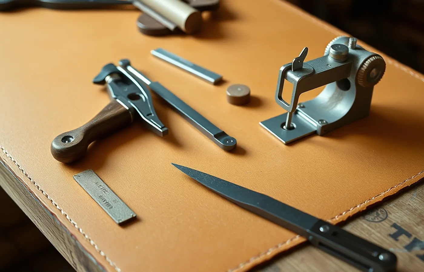 Outils de maroquinerie sur un établi en bois